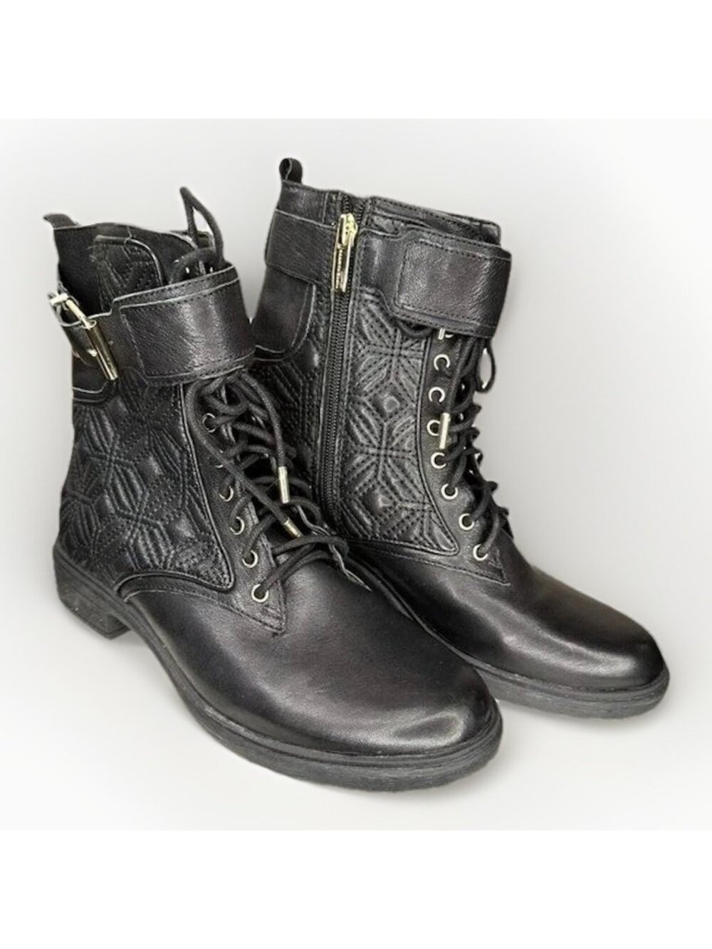Vince Camuto Toralina Combat Boots Womens 6.5 Black Leather Moto Ankle Zip